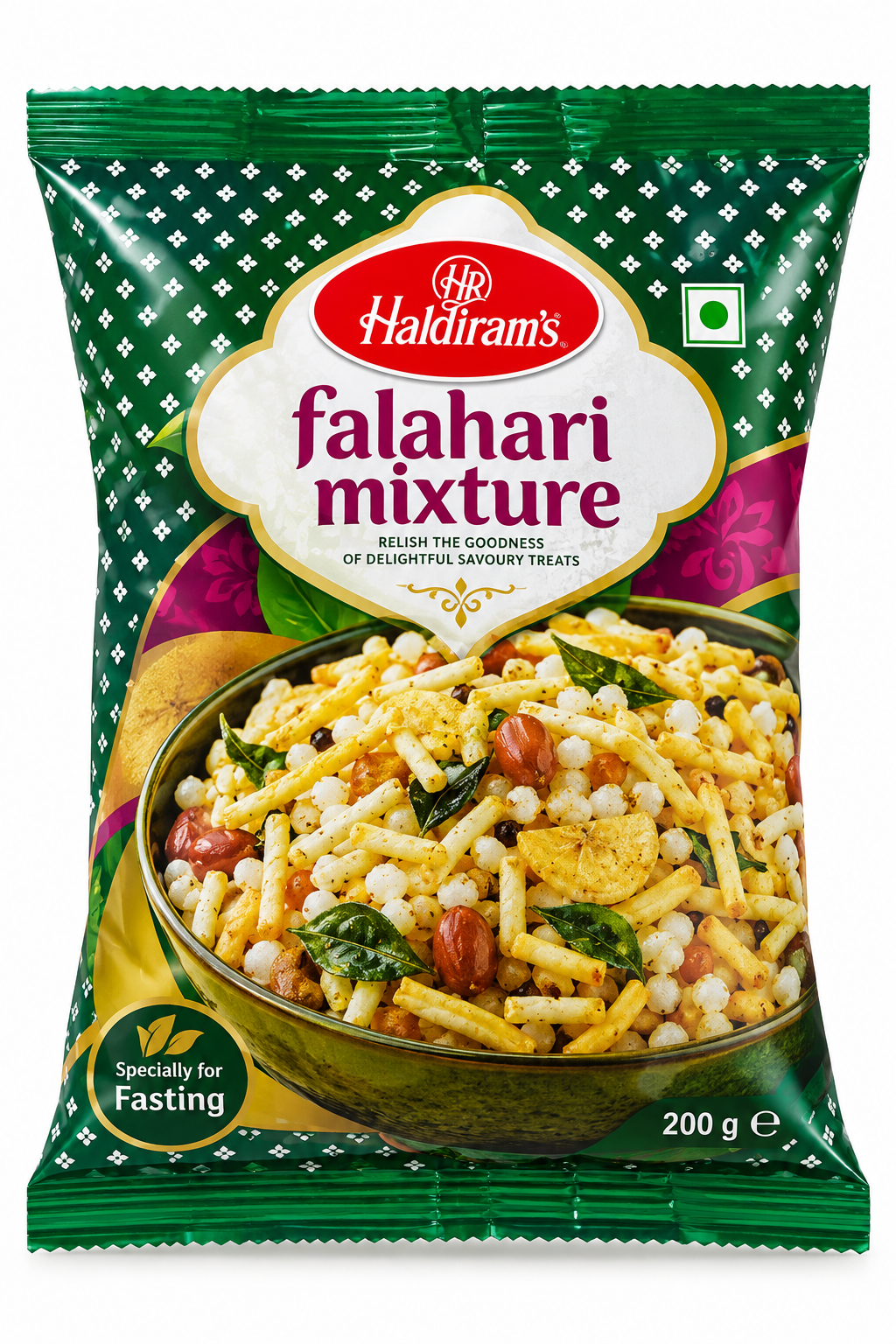 Haldiram’s Falahari Mixture 200g snack pouch in green, magenta and gold packaging, featuring a bowl of savoury mixture with peanuts, crunchy sticks, sabudana pearls and curry leaves.