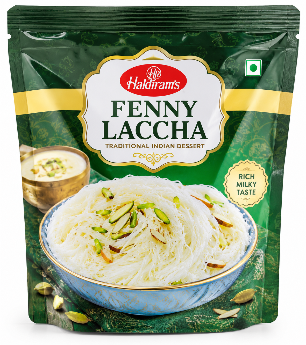 Haldiram’s Fenny Laccha in dark green and gold packaging, featuring delicate white vermicelli strands in a bowl garnished with pistachios and almonds.