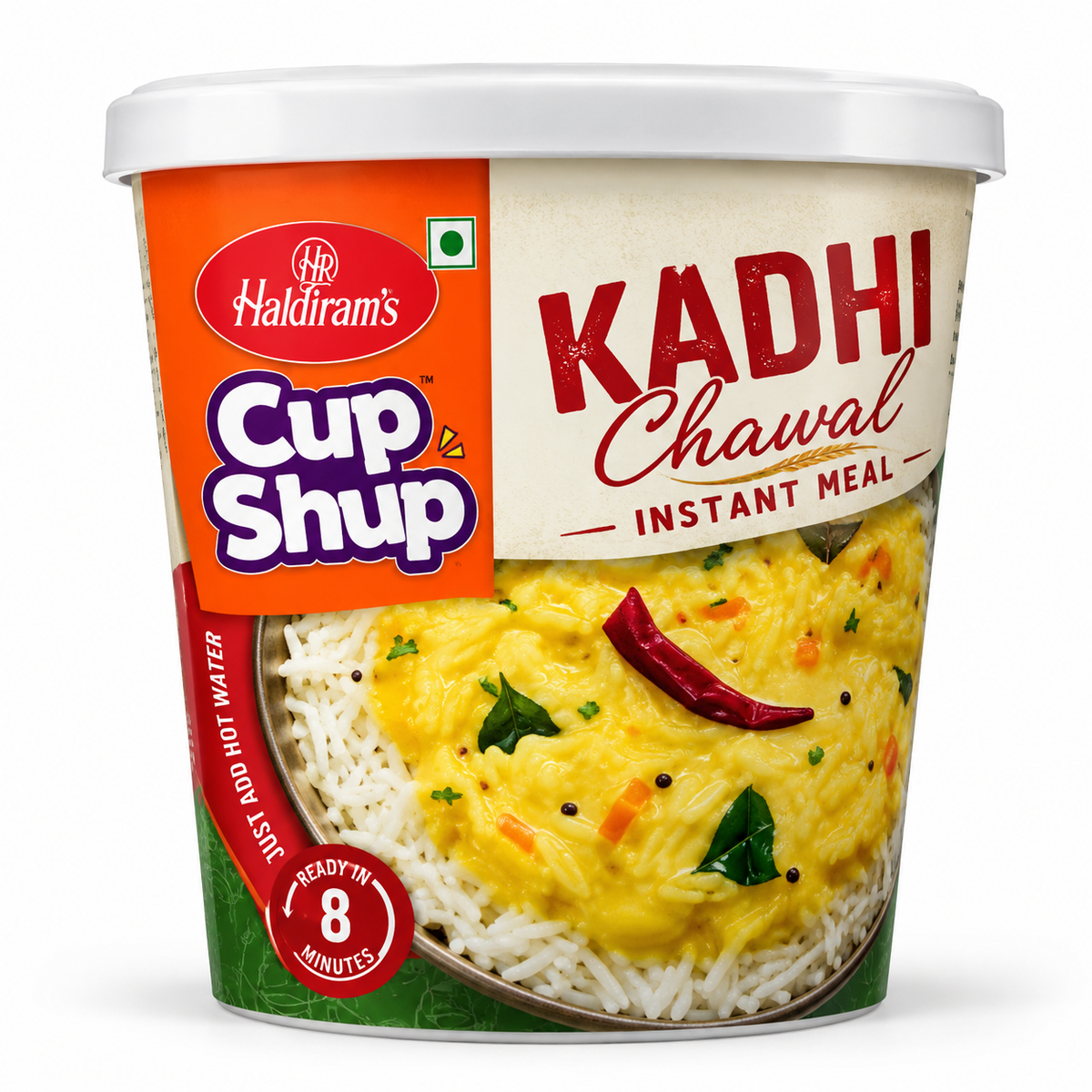 Haldiram’s Cup Shup Kadhai Chawal instant meal cup with a white lid, orange and cream packaging, and an image of yellow kadhi rice with spices.