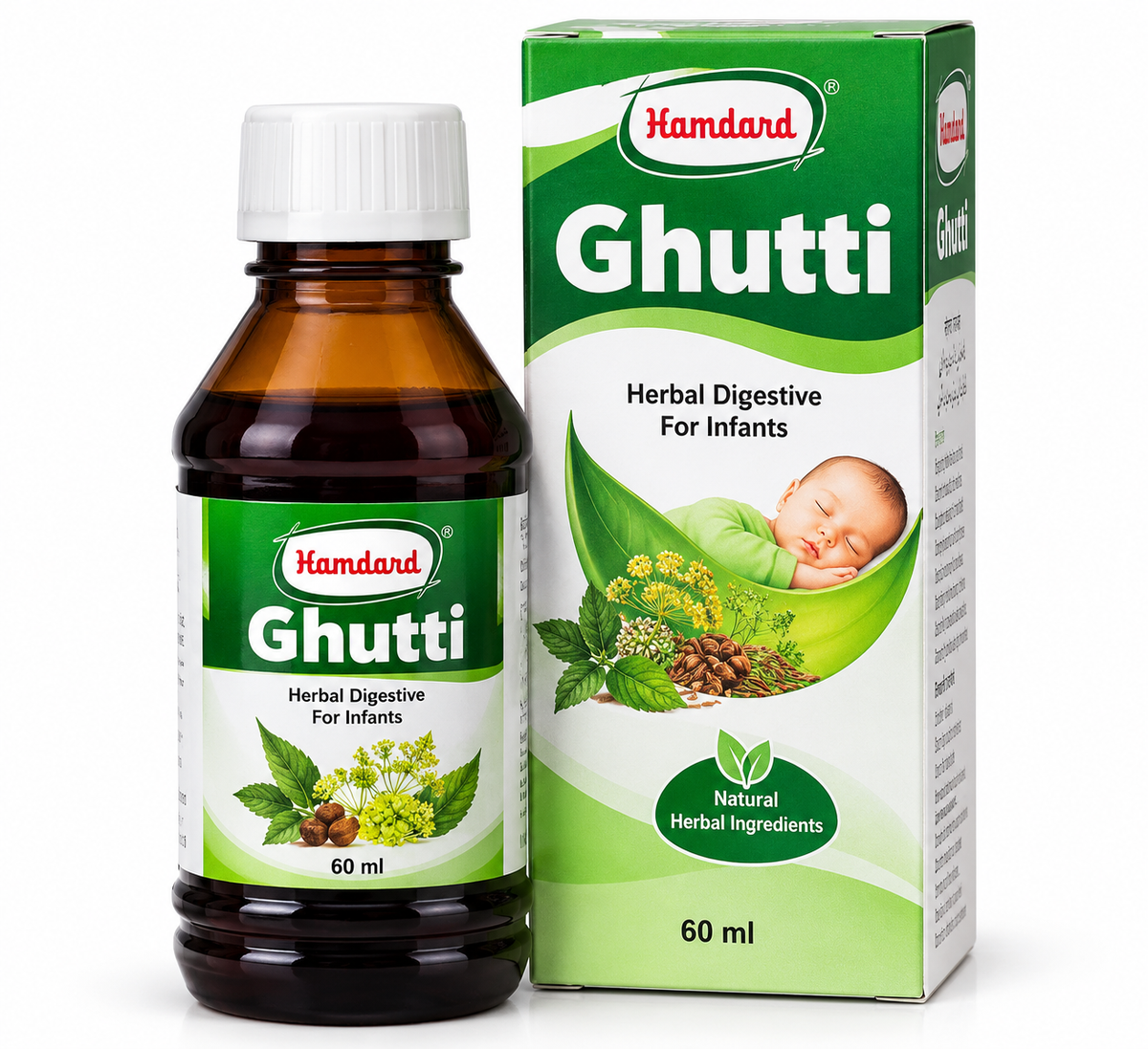 Hamdard Ghutti 60ml herbal digestive product featuring a dark amber bottle and matching green-and-white carton with botanical illustrations.