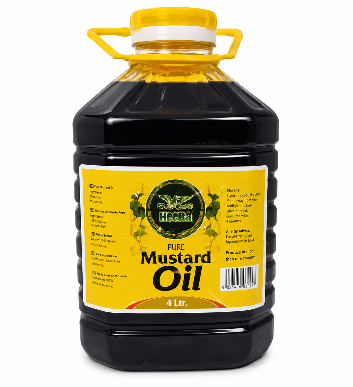 A 4-liter plastic bottle of Heera Pure Mustard Oil with a bright yellow cap and handle, featuring a yellow label with black text and green leaf illustrations.