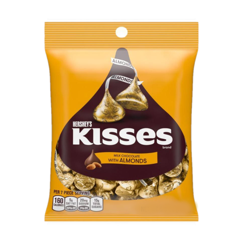 A 127g pack of Hershey's Kisses with Almonds, featuring smooth milk chocolate Kisses with a whole roasted almond center, individually wrapped for easy snacking and sharing.
