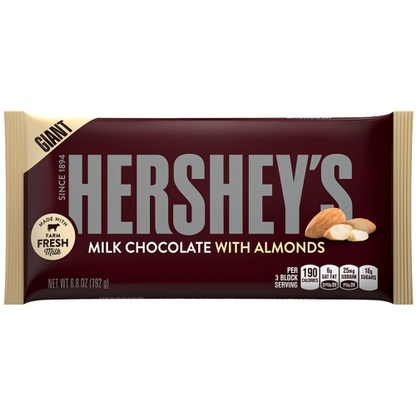 A Hershey's Giant Milk Chocolate with Almond Bar, featuring smooth milk chocolate mixed with crunchy roasted almonds in a large, indulgent bar, perfect for sharing or snacking.