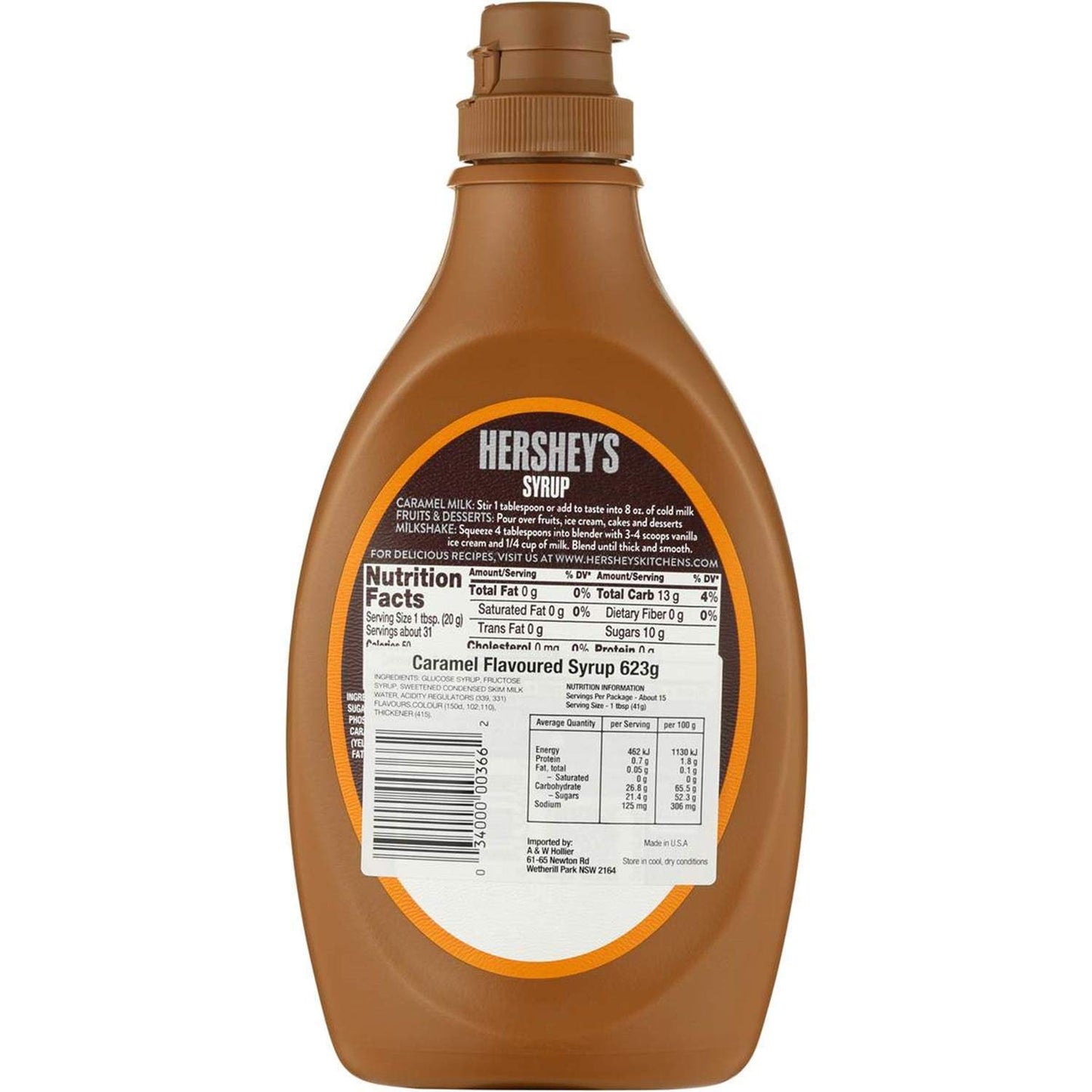 Hershey's Caramel Syrup bottle with a drizzle of syrup over waffles, ready to serve for breakfast.