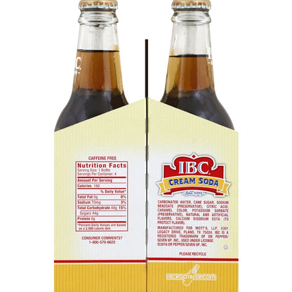 IBC Premium Cream Soda in a glass bottle, featuring rich vanilla flavor and classic packaging for a nostalgic and indulgent soda experience.
