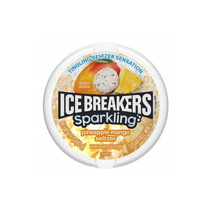 Can of Ice Breakers Mint Sparkling Pineapple Mango Seltzer, featuring a tropical pineapple and mango design with the Ice Breakers logo and a sparkling mint accent.
