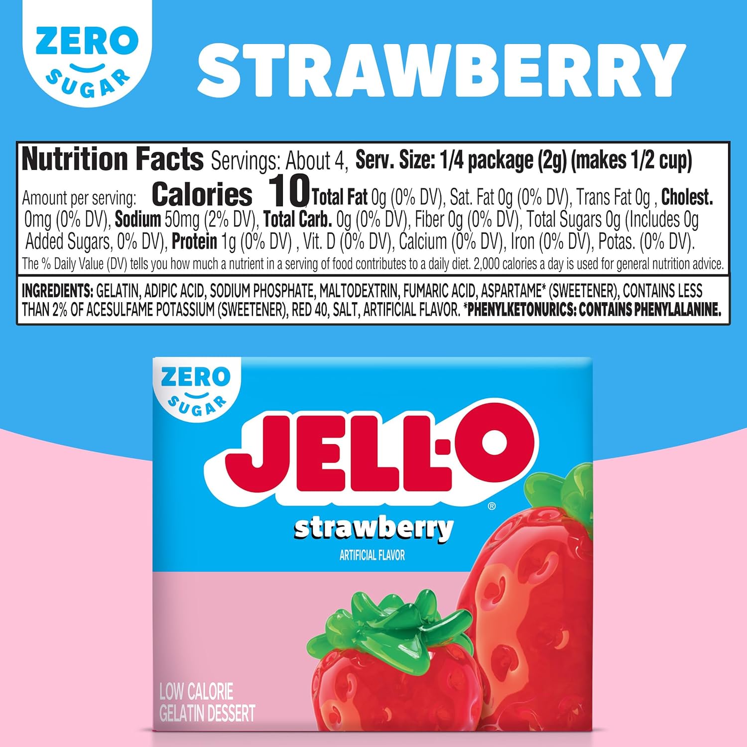 Sugar free strawberry flavored gelatin dessert prepared with water