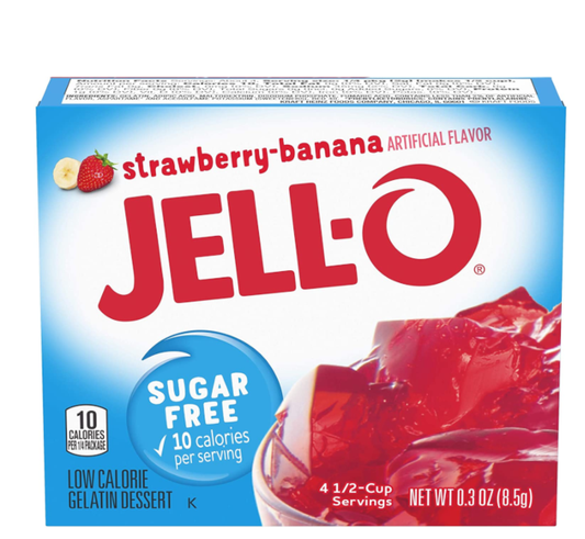 Box of Jell-O Sugar Free Strawberry & Banana Gelatin 0.3oz dessert mix.