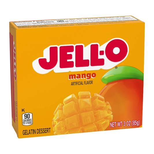 Box of Jell-O Mango Gelatin 3oz 85g dessert mix.