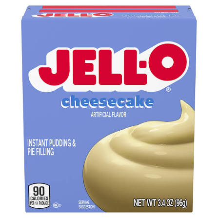 A box of Jell-O Cheesecake instant pudding and pie filling, featuring the classic blue packaging with the red Jell-O logo and a swirl of cheesecake filling on the front.