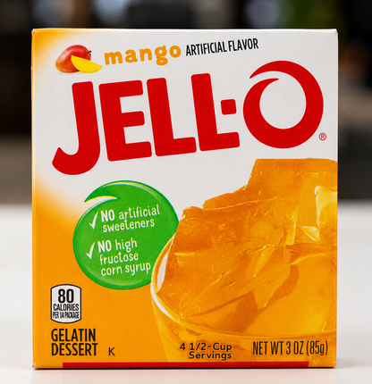Jell-O Mango Gelatin Dessert Mix 85g box with mango flavour jelly powder, imported from the USA for quick and easy homemade desserts.