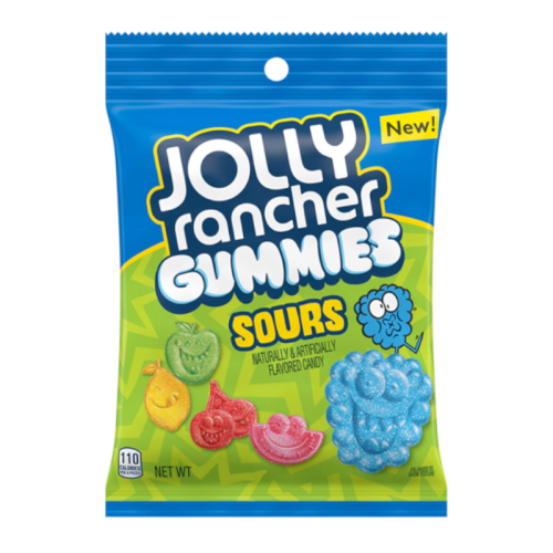 Jolly Rancher Sour Gummies 184 g bag with chewy fruit-flavored gummies coated in sour sugar.