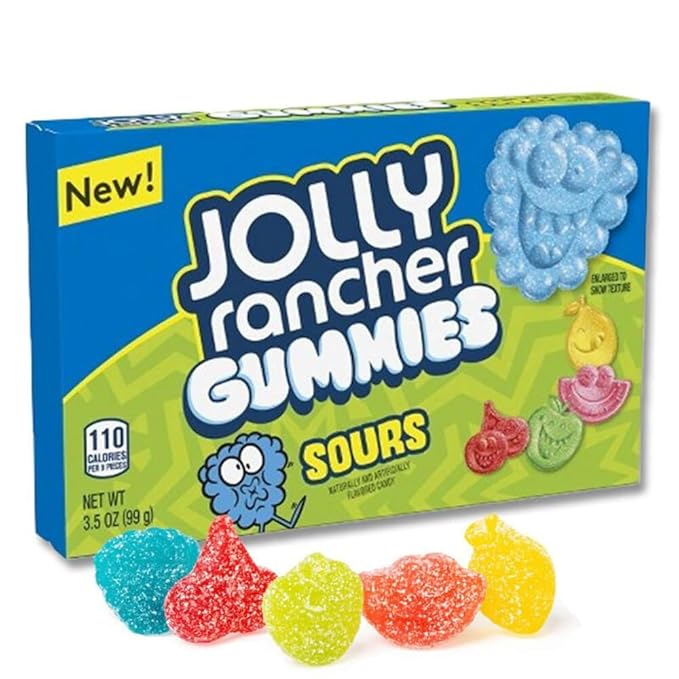 Bag of Jolly Rancher Gummies Sours Candy, featuring colorful gummy shapes and the Jolly Rancher logo on a bright packaging.