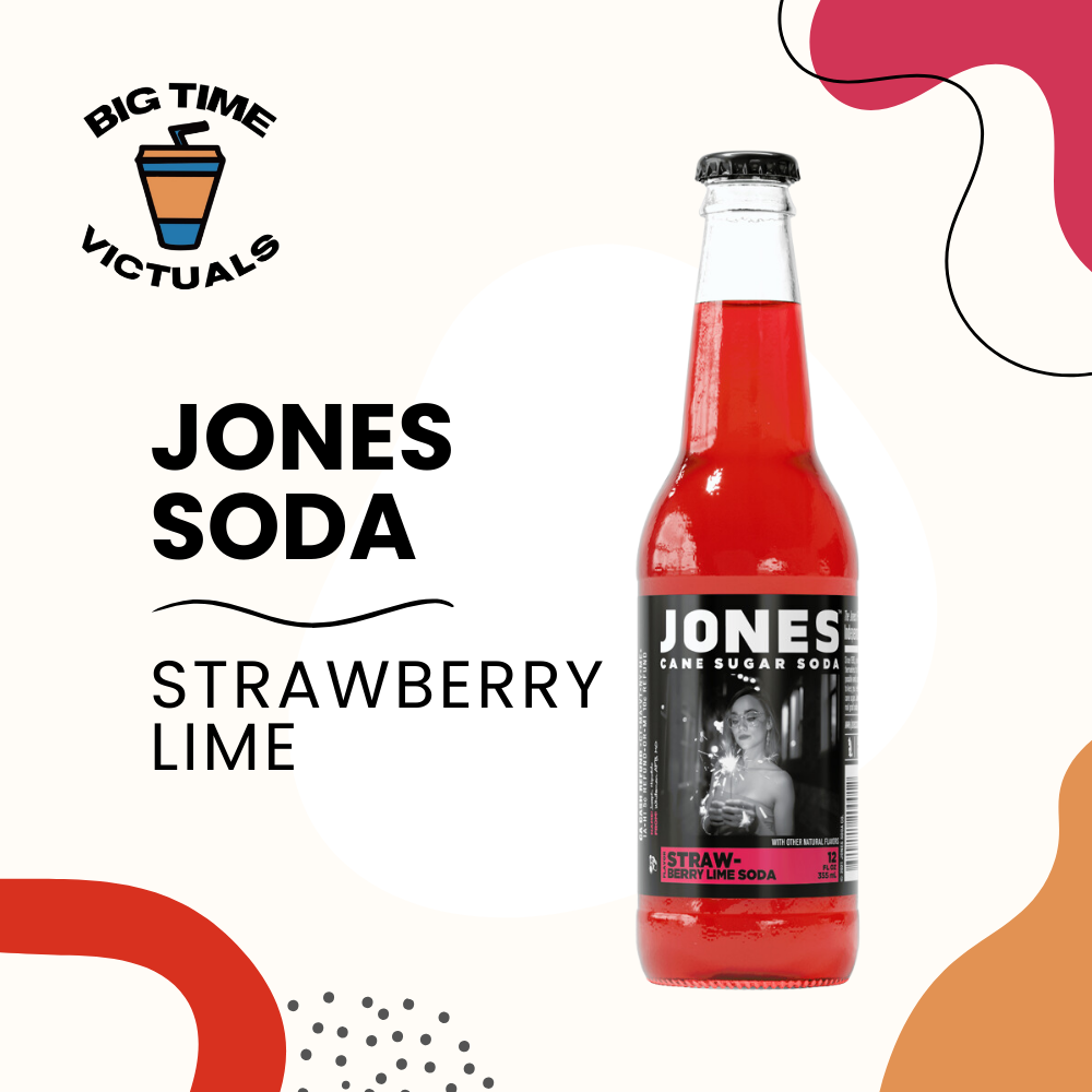 A 12 fl oz (355ml) glass bottle of Jones Soda Strawberry Lime featuring a fruit-themed label and clear glass bottle.