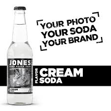 Glass bottle of Jones Cream Soda 12 fl. oz 355 ml featuring smooth vanilla beverage and Jones Soda logo