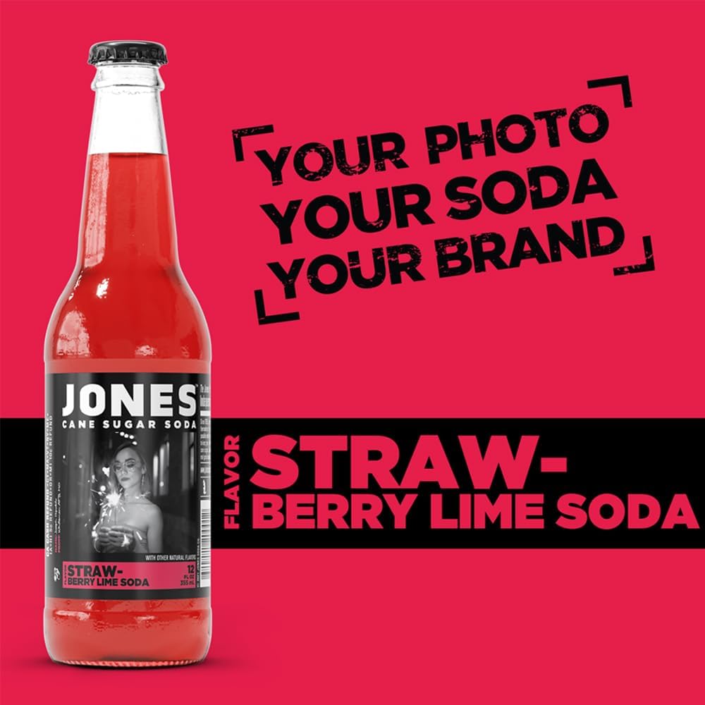 Jones Soda Strawberry Lime craft soda, 12 fl oz (355ml) glass bottle with a strawberry and lime–inspired label and silver metal cap.