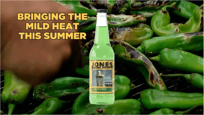 A 12 fl oz (355ml) glass bottle of Jones Soda Special Release Hatch Chile Lime Soda featuring a bold, flavor-inspired label.