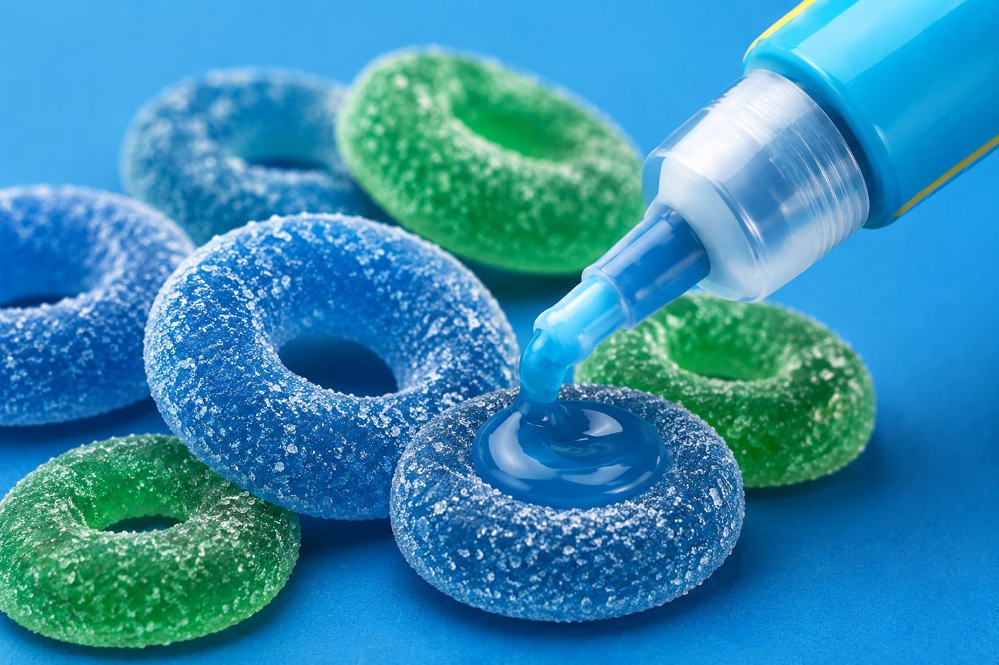 Close-up of Juicy Drop Strawberry gummy candy with sour gel being squeezed onto a sugar-coated gummy ring.