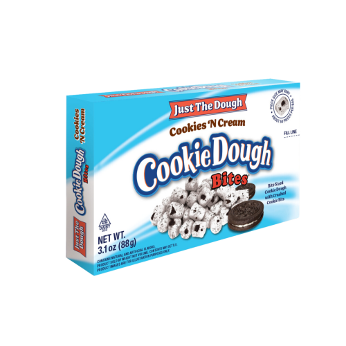 A box of Cookie Dough Bites Just the Dough – Cookies 'N Creme, featuring creamy cookie dough mixed with crunchy cookie pieces and sweet vanilla creme, ready to eat in convenient bite-sized pieces.