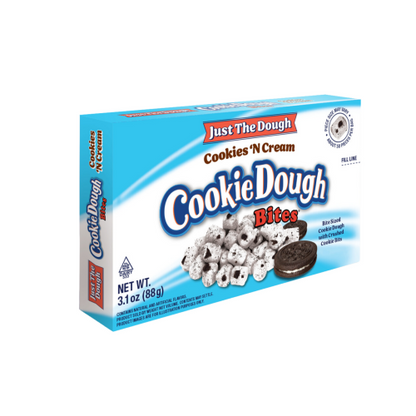 A box of Cookie Dough Bites Just the Dough – Cookies 'N Creme, featuring creamy cookie dough mixed with crunchy cookie pieces and sweet vanilla creme, ready to eat in convenient bite-sized pieces.