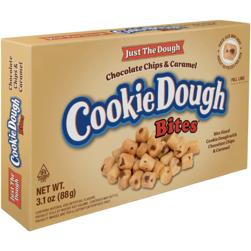 A box of Cookie Dough Bites Just the Dough – Choc Chips & Caramel, featuring bite-sized pieces of rich, chewy cookie dough mixed with chocolate chips and caramel.