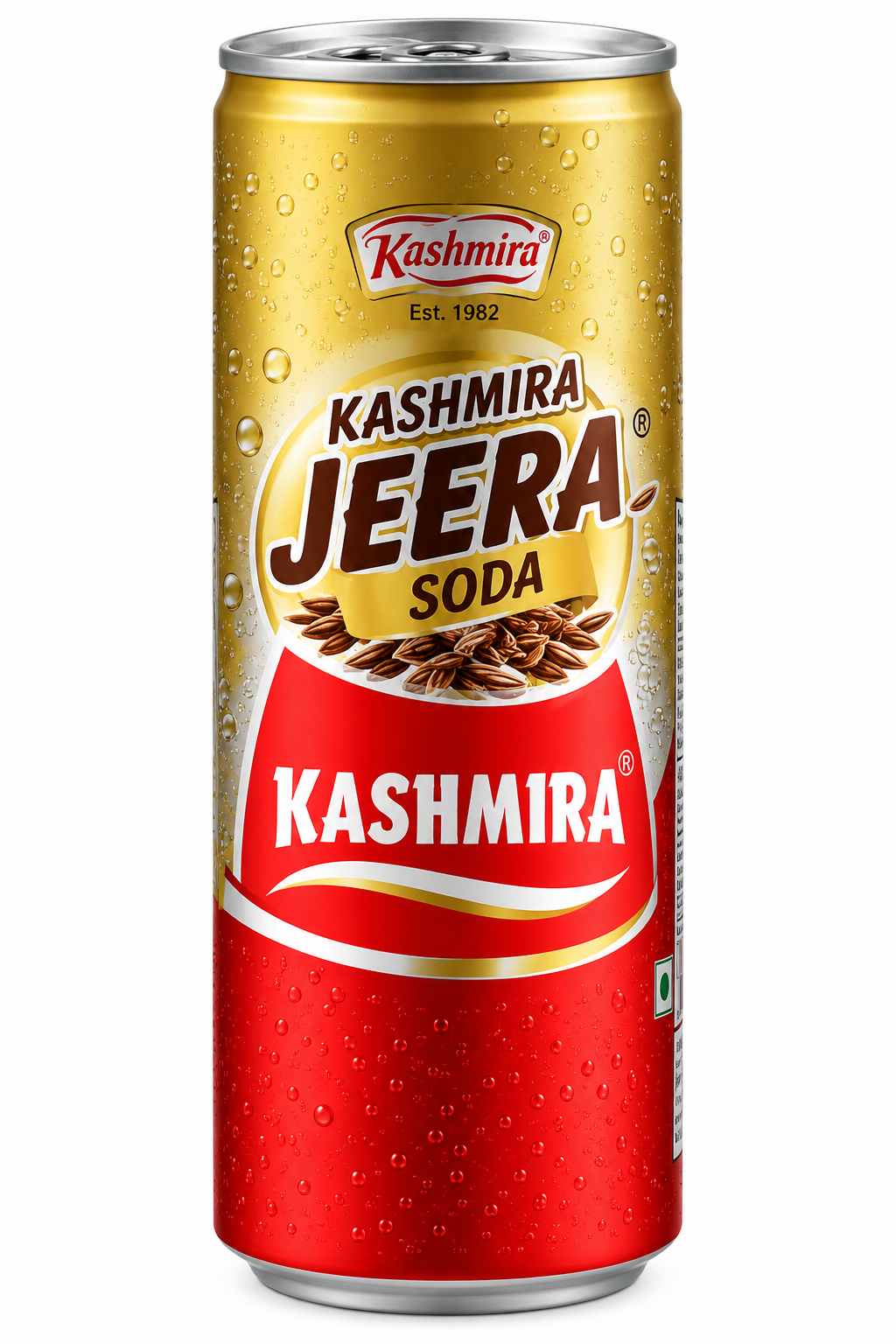Kashmira Jeera Soda 300ml can featuring gold and red packaging, bold Jeera Soda branding, cumin seed graphics, and a silver aluminium can top.