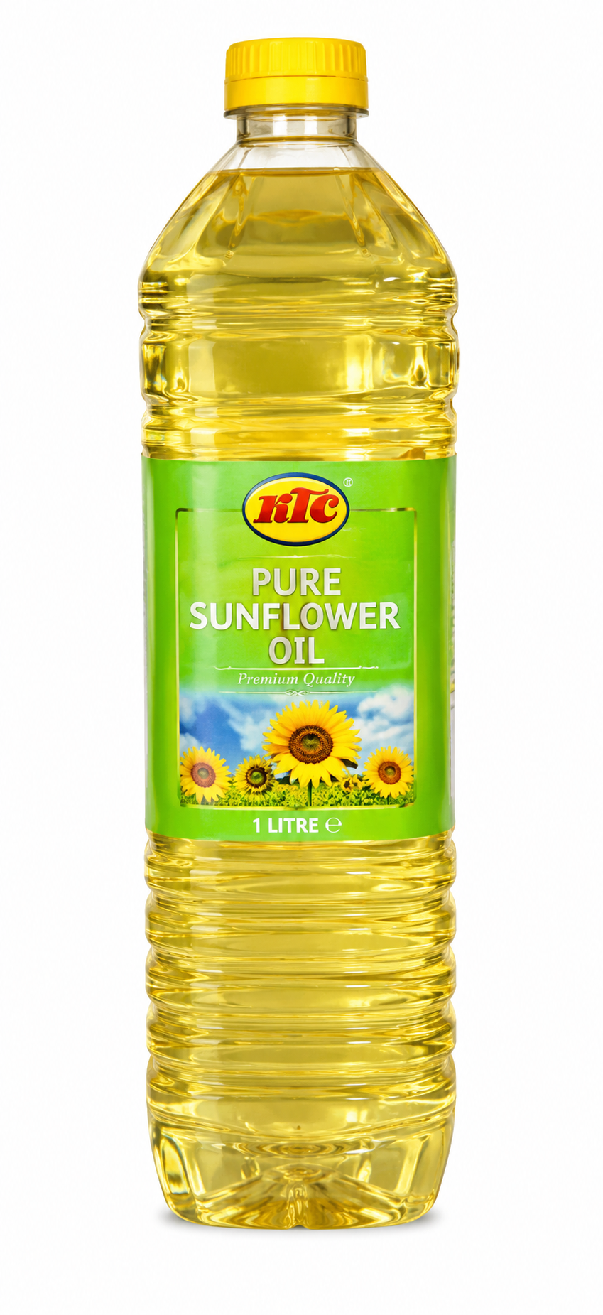 A 1 litre plastic bottle of HHC Pure Sunflower Oil with a yellow cap and a green label featuring sunflowers, isolated on a white background.