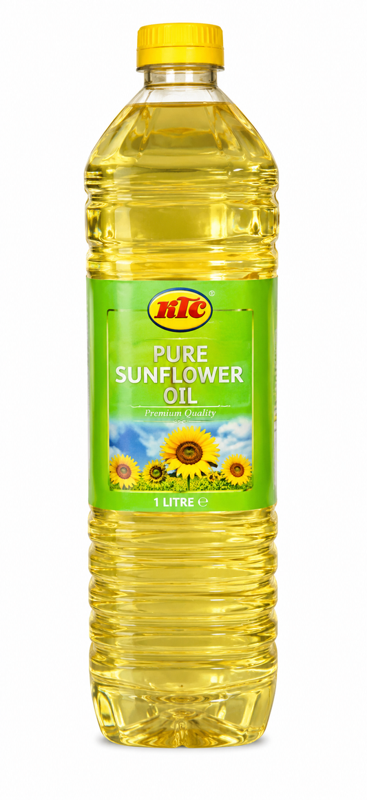 A 1 litre plastic bottle of HHC Pure Sunflower Oil with a yellow cap and a green label featuring sunflowers, isolated on a white background.