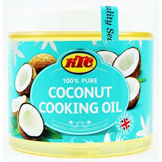KTC 100% Pure Coconut Cooking Oil 650ml bottle for everyday cooking frying baking and Indian cuisine use with natural coconut oil texture and clean appearance
