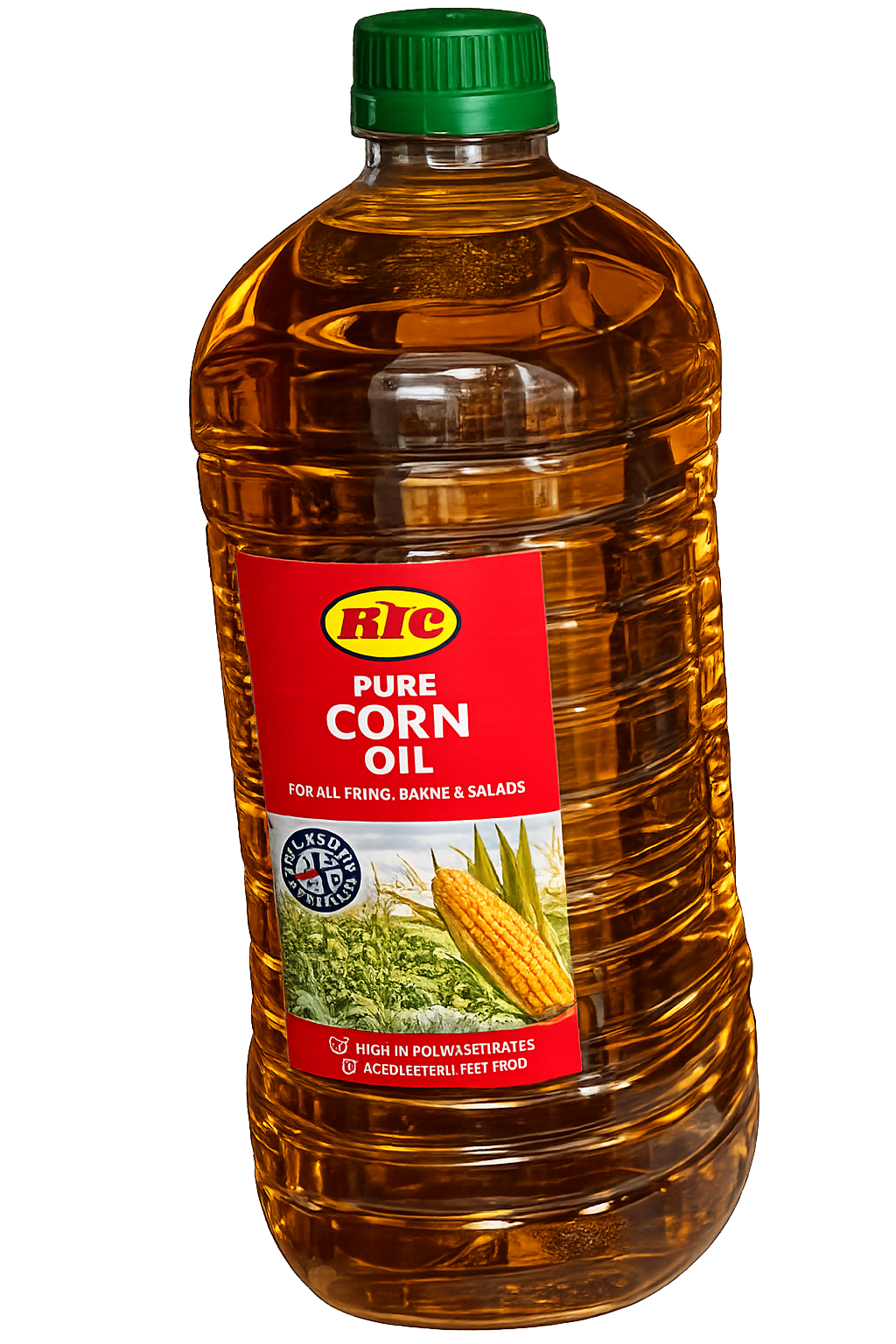 A 16 oz plastic bottle of RIC Pure Corn Oil with a green cap and a red label, isolated on a white background.