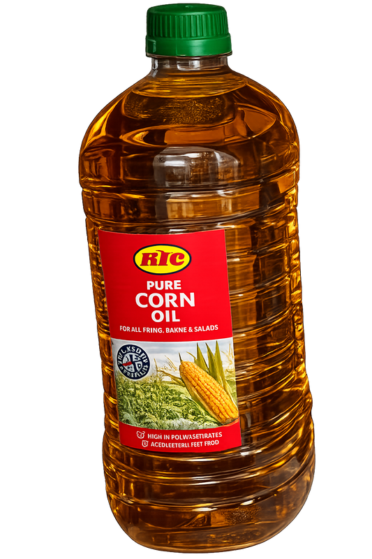 A 16 oz plastic bottle of RIC Pure Corn Oil with a green cap and a red label, isolated on a white background.