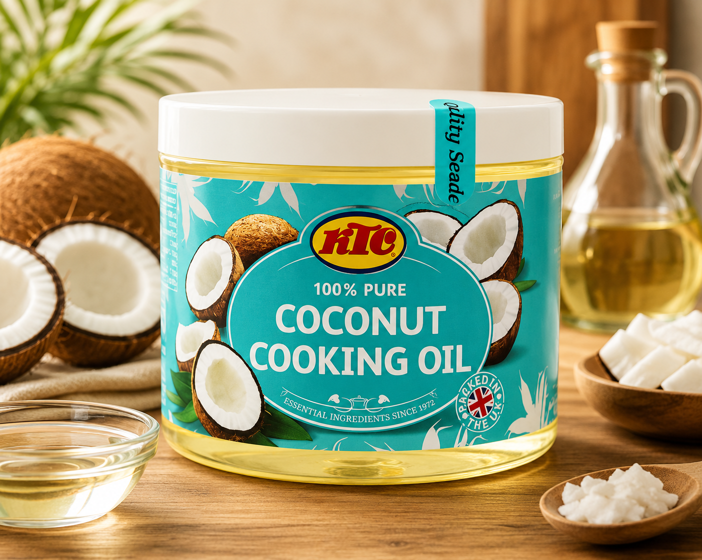 A jar of HHC Coconut Cooking Oil on a wooden table, surrounded by fresh coconuts, a glass bottle of oil, and bowls of ingredients.