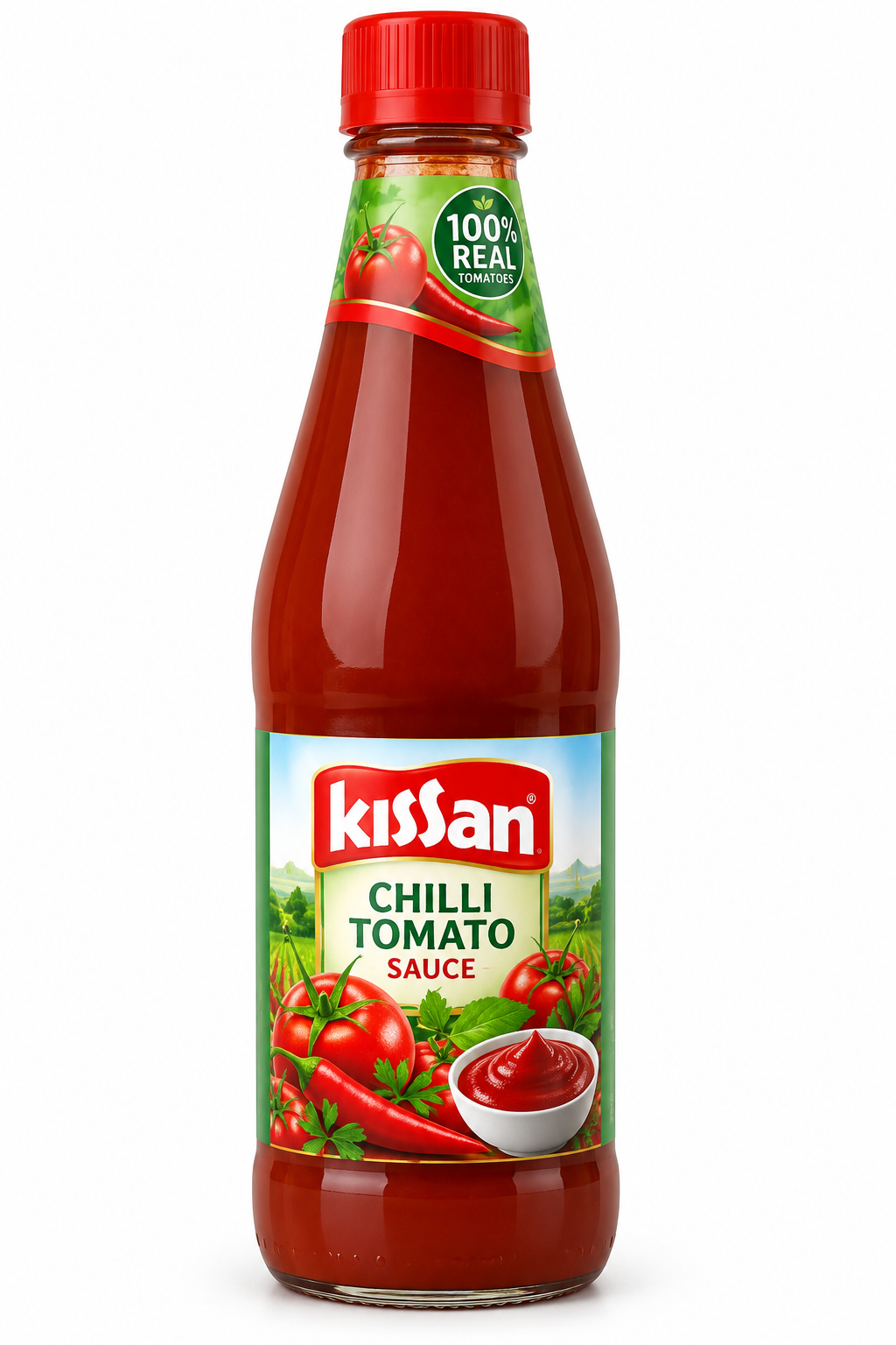 Kissan Chilli Tomato Sauce 500g bottle with red cap and green label, featuring ripe tomatoes, red chillies and rich tomato sauce.
