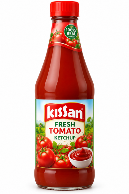 Kissan Fresh Tomato Ketchup 500g bottle with red cap and colourful label featuring fresh tomatoes, green leaves and a bowl of tomato ketchup.