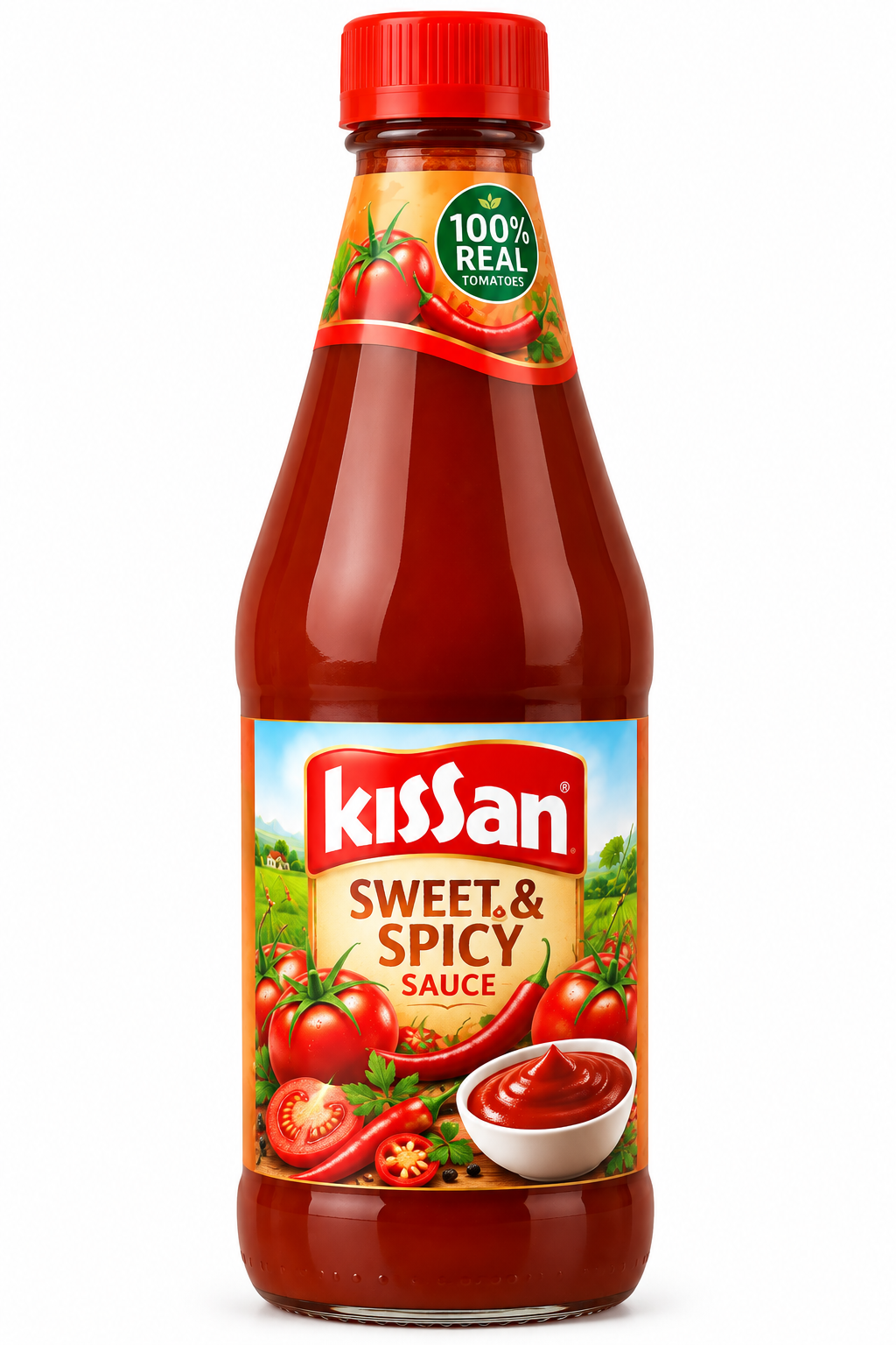 Kissan Sweet and Spicy Sauce 200ml bottle with red cap and orange label, featuring tomatoes, red chillies, herbs and a bowl of spicy tomato sauce.