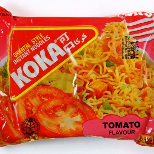 Koka Tomato Flavour Noodles 85g instant wheat noodle pack with rich tangy tomato seasoning ideal for quick meals snacks and convenient single serve preparation.