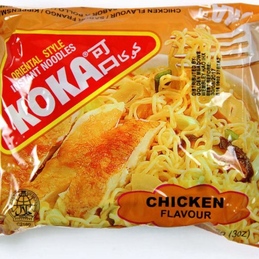 Koka Chicken Flavour Noodles 85g instant wheat noodle pack with savoury chicken seasoning ideal for quick meals snacks and convenient single serve preparation.
