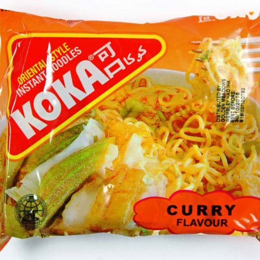 Koka Curry Flavour Noodles 85g instant wheat noodles pack with aromatic curry seasoning ideal for quick meals snacks and convenient single serve preparation.