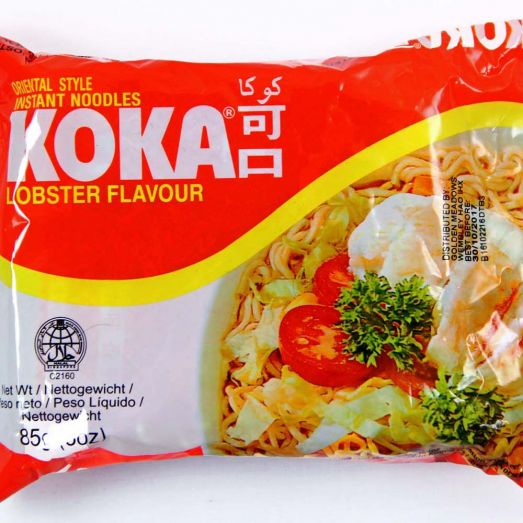 Koka Lobster Flavour Noodles 85g instant noodle packet featuring seafood-themed packaging alongside a prepared bowl of wheat noodles in rich lobster-flavoured broth. Single serve instant noodles ideal for quick meals, office lunches, student snacks and convenient everyday cooking.