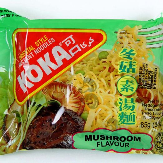 Koka Mushroom Flavour Noodles 85g instant noodle packet featuring mushroom-themed packaging alongside a prepared bowl of wheat noodles in savoury mushroom broth. Single serve instant noodles ideal for quick meals, office lunches, student snacks and convenient everyday cooking.
