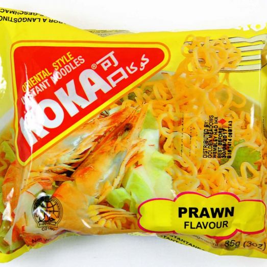Koka Prawn Flavour Noodles 85g instant noodle packet featuring seafood-themed packaging alongside a prepared bowl of wheat noodles in savoury prawn broth. Single serve instant noodles ideal for quick meals, office lunches, student snacks and convenient everyday cooking.