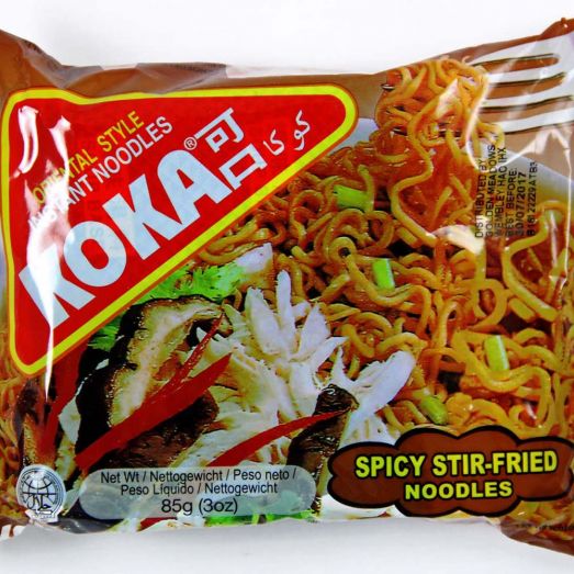 Koka Stir Fried Noodles 85g instant wheat noodle pack with savoury Asian style seasoning ideal for quick meals snacks and convenient single serve preparation.