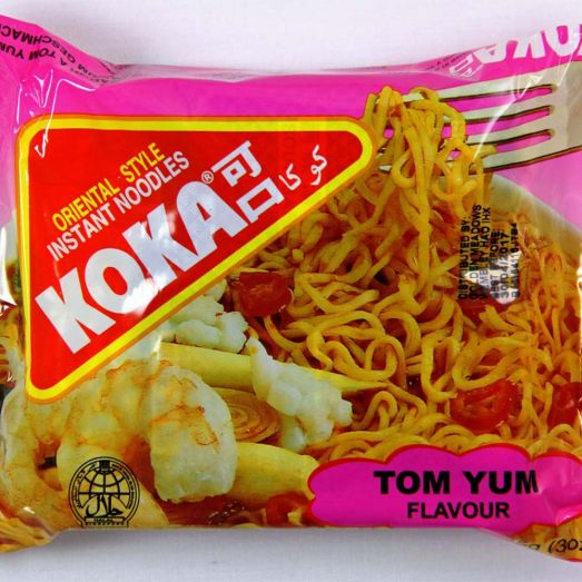 Koka Tom Yam Flavour Noodles 85g instant wheat noodles in single serve packet, featuring bold Thai-inspired tom yam seasoning. Spicy and tangy instant noodles ideal for quick meals, student lunches, office snacks and convenient everyday cooking.