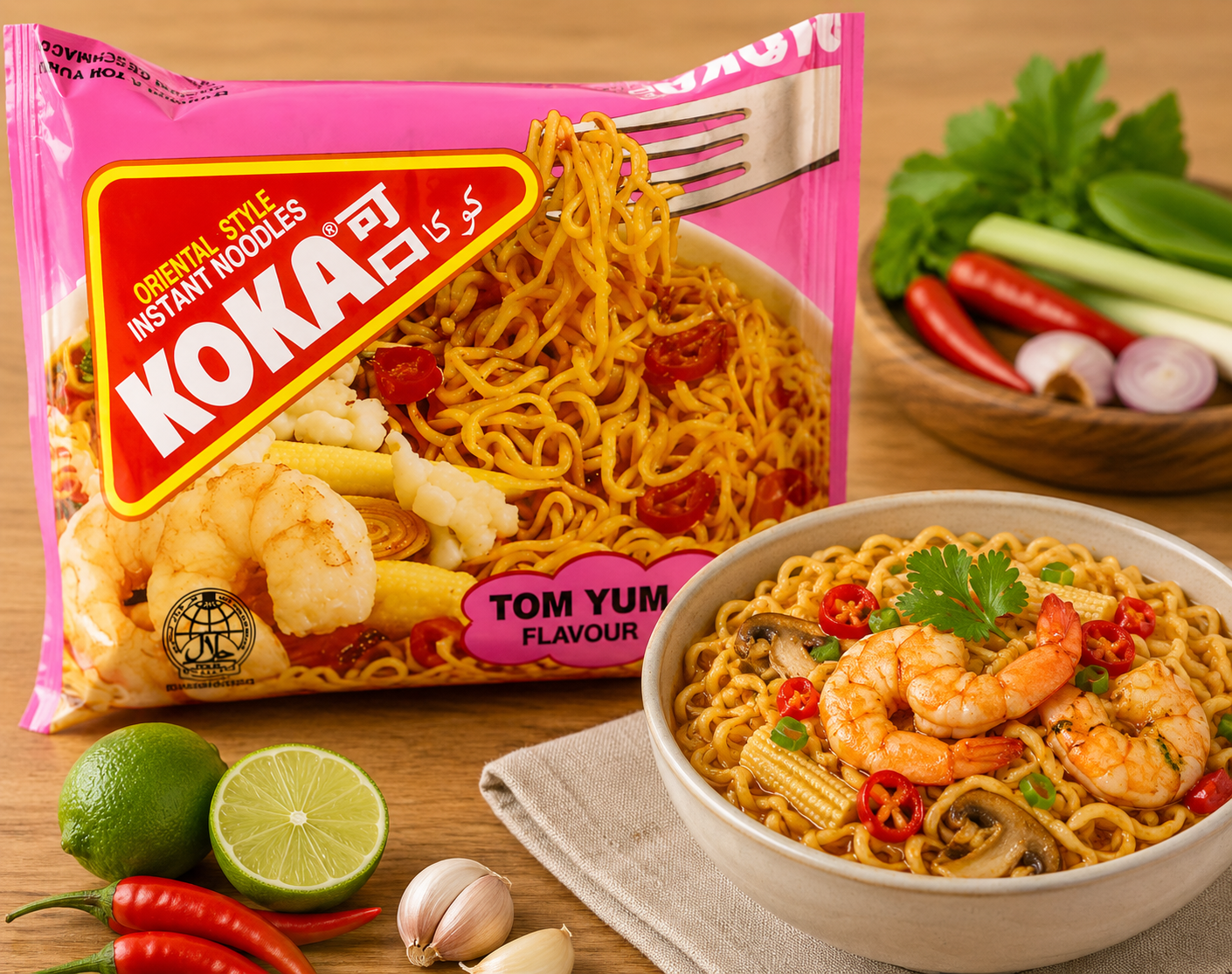 A package of KOKA Oriental Style Instant Noodles in Tom Yum Flavour, shown alongside a bowl of prepared noodles with shrimp, mushrooms, and red chili peppers on a wooden table, with limes, garlic, and fresh herbs in the background.