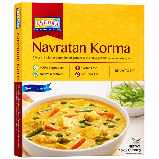 ASHOKA SHAHI NAVRATAN KORMA READY-TO-EAT INDIAN VEGETABLE CURRY 280G – CREAMY MUGHALAI STYLE VEGETARIAN MEAL