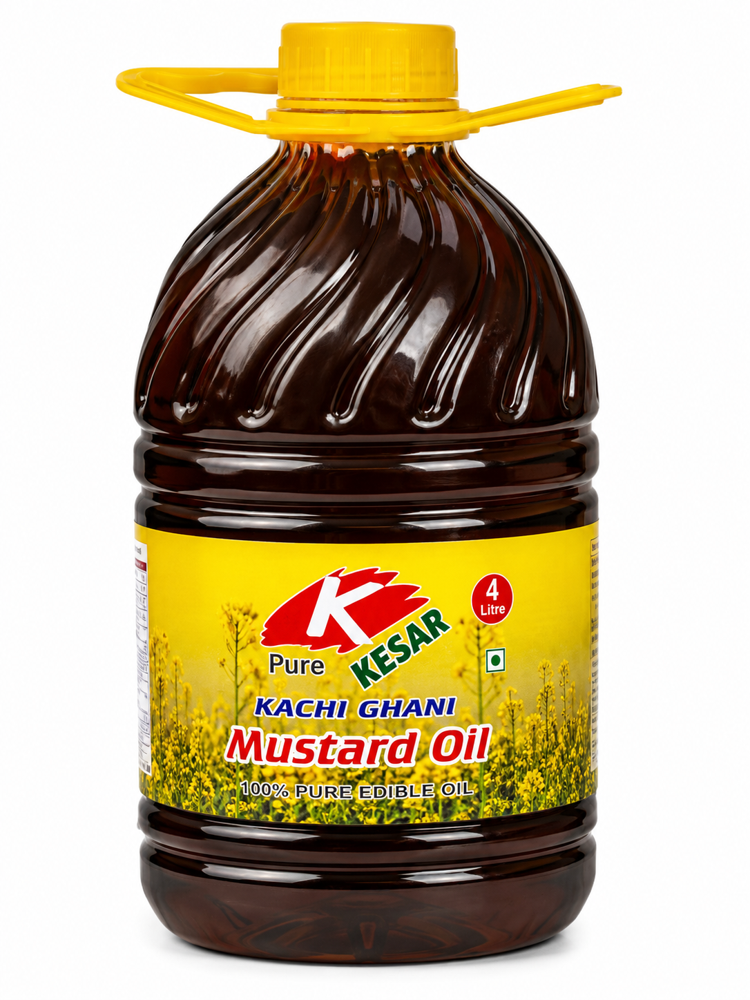 A 4-liter plastic bottle of Kesar Pure Kachi Ghani Mustard Oil with a yellow cap and handle, set against a plain white background.