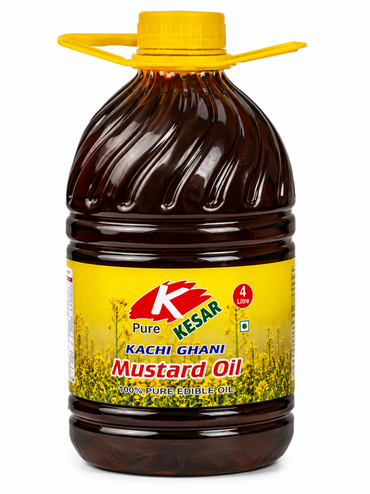 A 4-liter plastic bottle of Kesar Pure Kachi Ghani Mustard Oil with a yellow cap and handle, set against a plain white background.