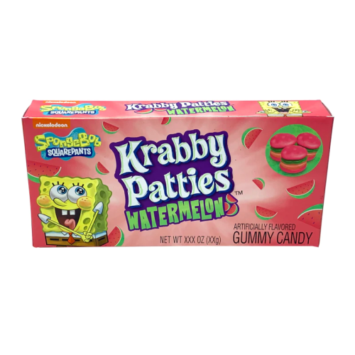 Sponge Bob Square Pants Krabby Patties Watermelon gummy theatre box opened showing burger style gummies