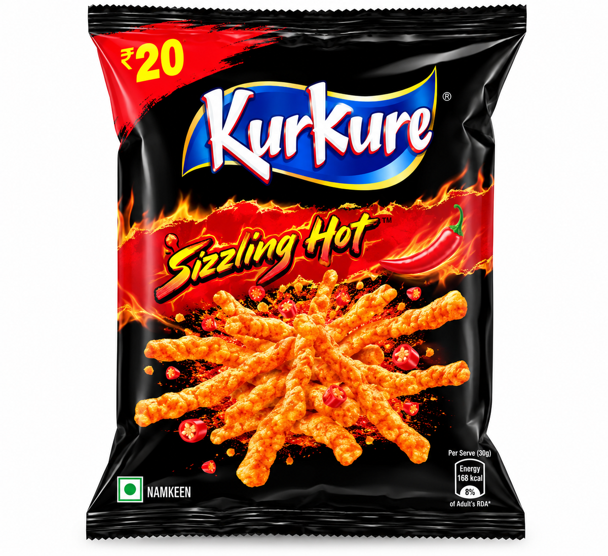 Kurkure Sizzling Hot 30g spicy Indian snack pack in black and red flame-themed packaging, featuring crunchy orange Kurkure sticks, red chilli illustrations and bold brand lettering.