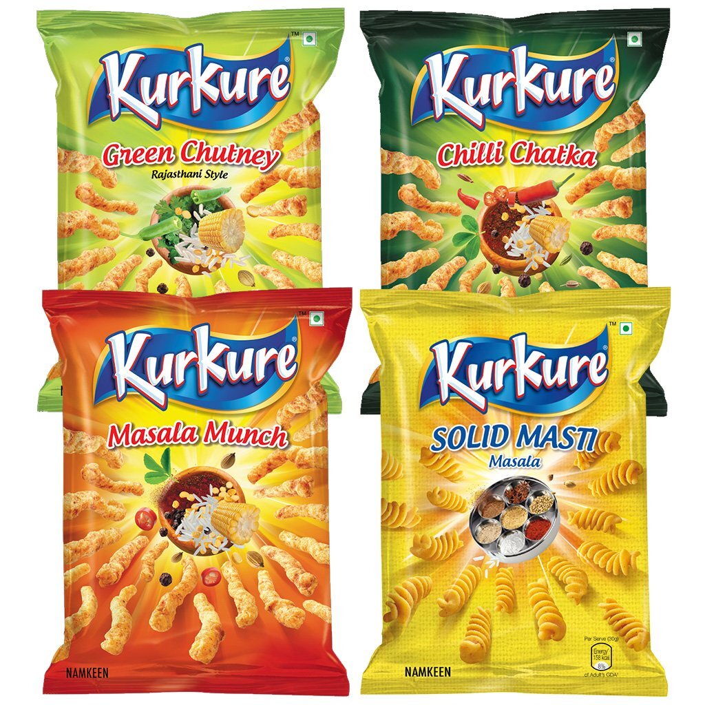 Four packets of Kurkure snacks in different flavors on a white background